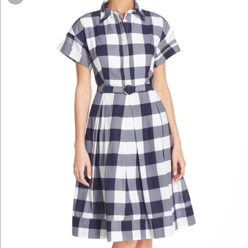 Eliza J Gingham Belted Dress Blue and White